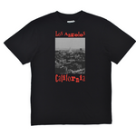 Black t-shirt with 'Los Angeles California' text and cityscape graphic on a white background