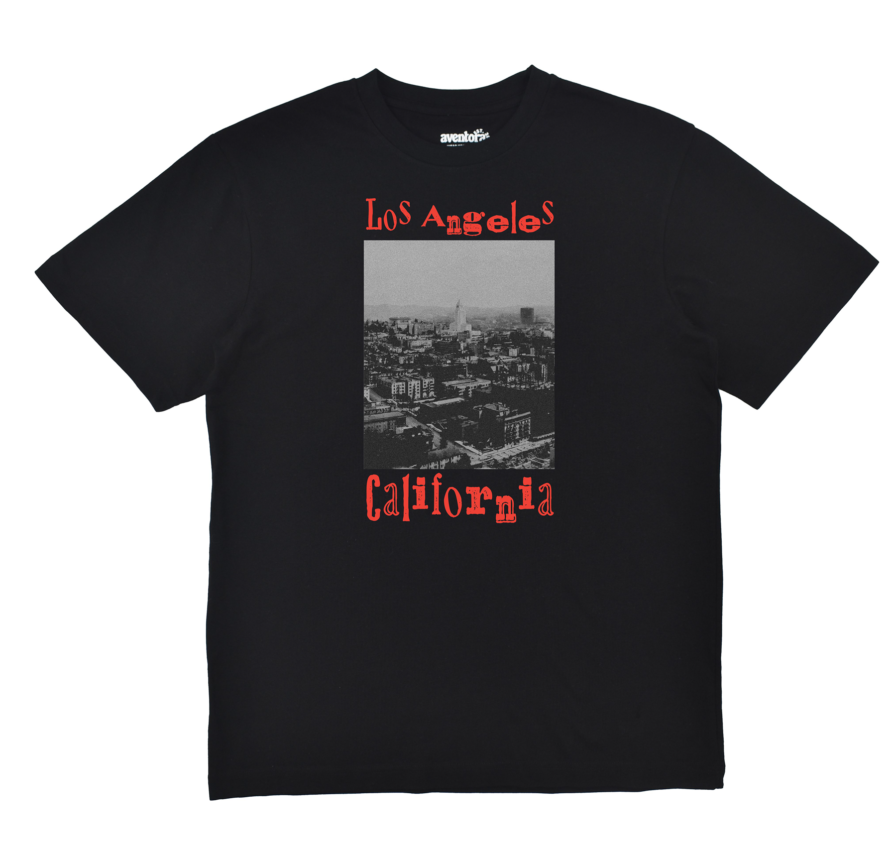 Black t-shirt with 'Los Angeles California' text and cityscape graphic on a white background