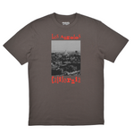 Gray t-shirt with 'Los Angeles California' text and cityscape graphic on a white background