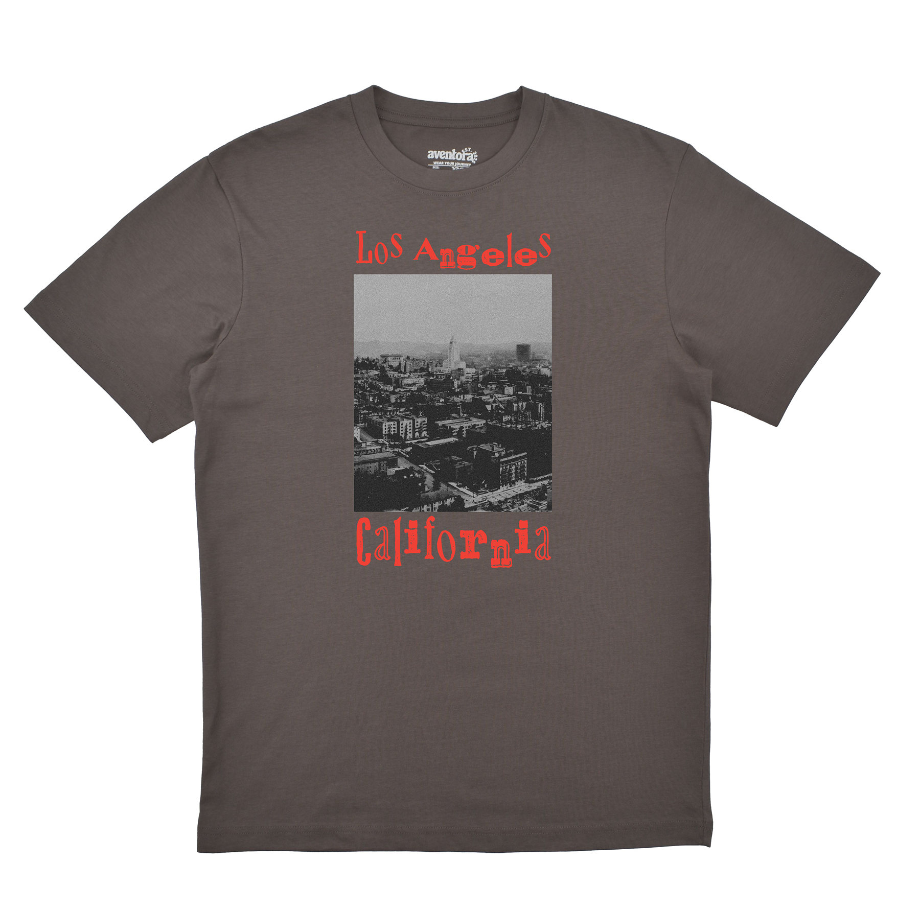 Gray t-shirt with 'Los Angeles California' text and cityscape graphic on a white background
