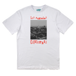 White t-shirt with 'Los Angeles California' print on a white background