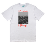 White t-shirt with 'Los Angeles California' print on a white background
