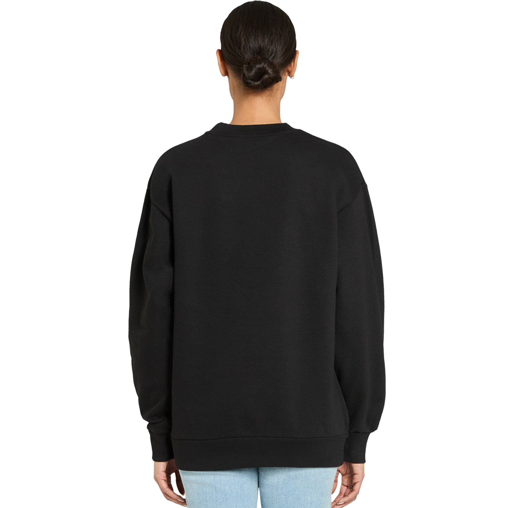 Person wearing a black sweatshirt on a white background