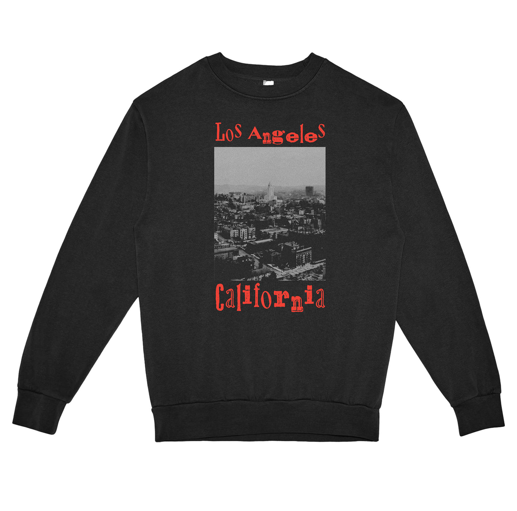 Black sweatshirt with 'Los Angeles California' text and cityscape graphic on a white background