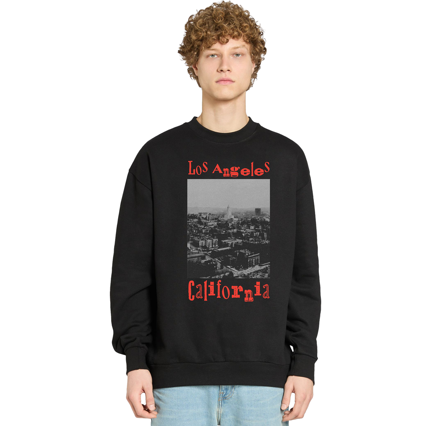 Person wearing a black sweatshirt with 'Los Angeles California' text and cityscape graphic.