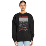 Black sweatshirt with 'Los Angeles California' text and cityscape graphic worn by a person on a white background