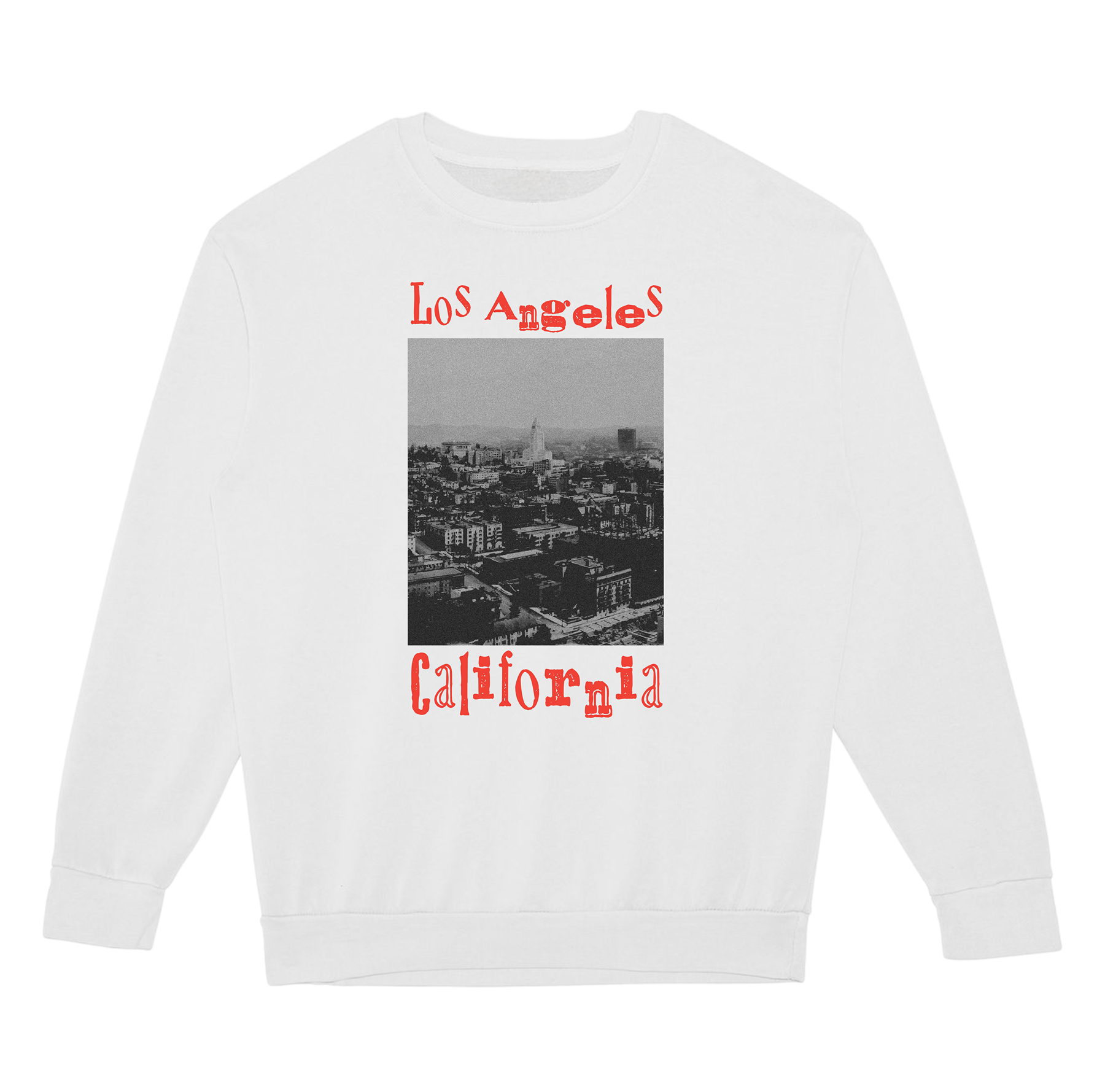 White sweatshirt with 'Los Angeles California' text and cityscape graphic on a white background