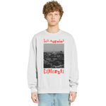 Person wearing a sweatshirt with 'Los Angeles California' text and graphic