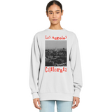 Person wearing a light gray sweatshirt with 'Los Angeles California' text and graphic on a white background