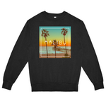 Black sweatshirt with Malibu graphic design featuring palm trees and a pier.