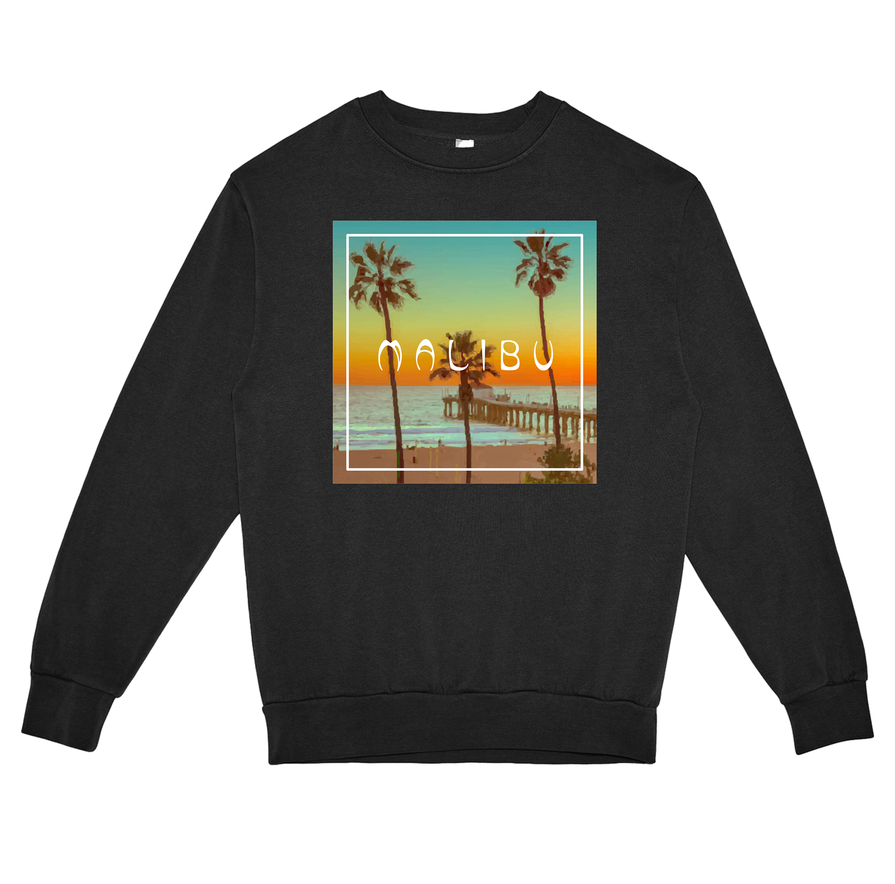 Black sweatshirt with Malibu graphic design featuring palm trees and a pier.
