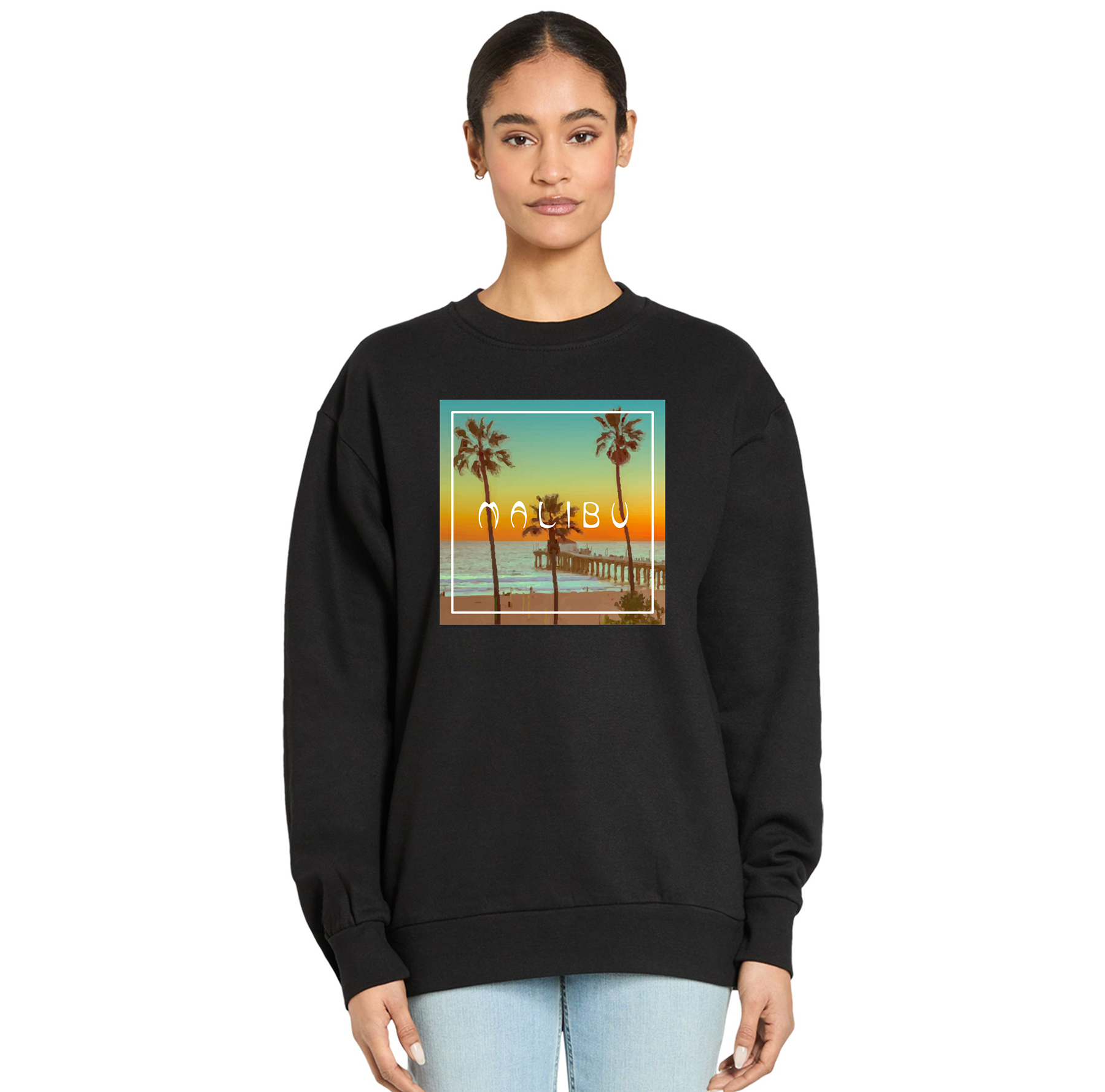 Black sweatshirt with Malibu graphic design worn by a person on a white background