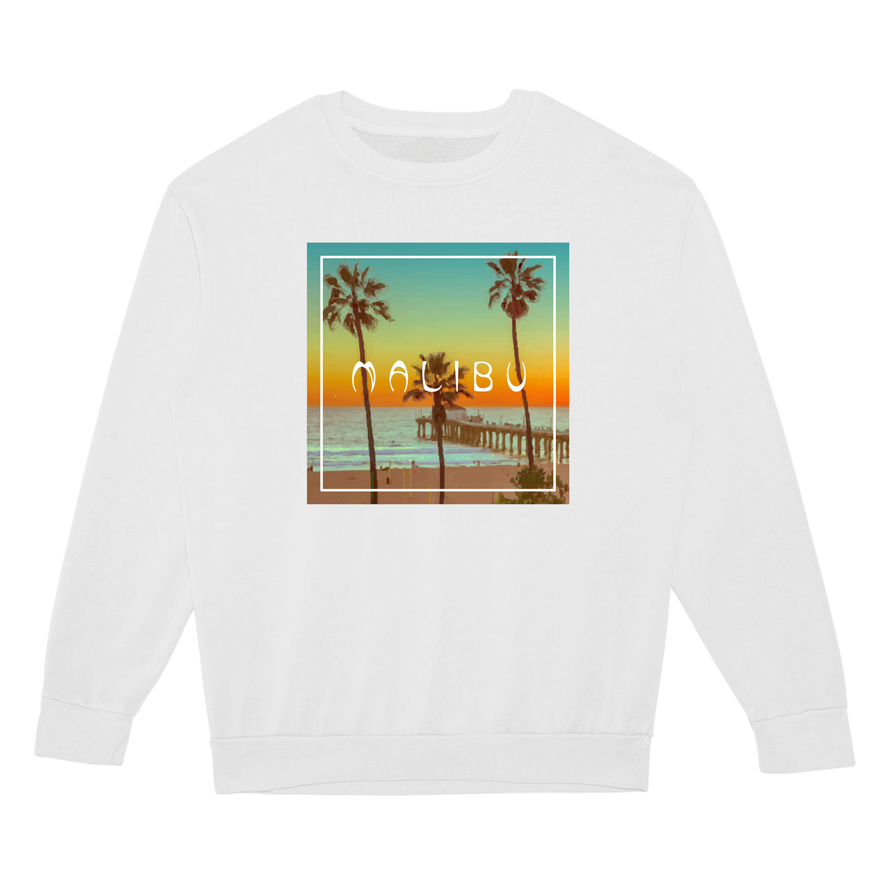 White sweatshirt with a tropical graphic of palm trees and a pier on a white background