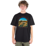 Person wearing a black t-shirt with 'Los Angeles Hollywood California' graphic design.