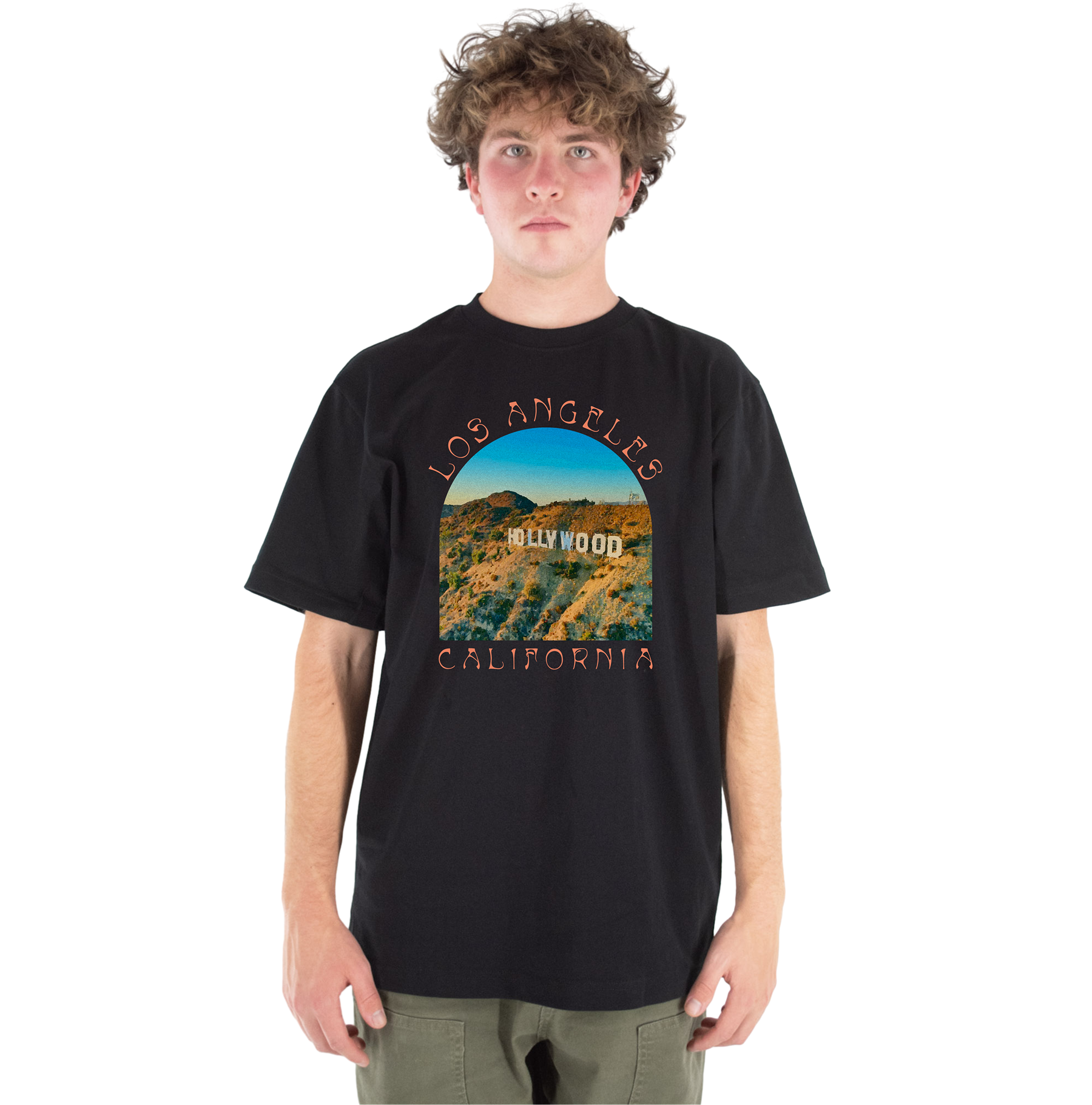 Person wearing a black t-shirt with 'Los Angeles Hollywood California' graphic design.