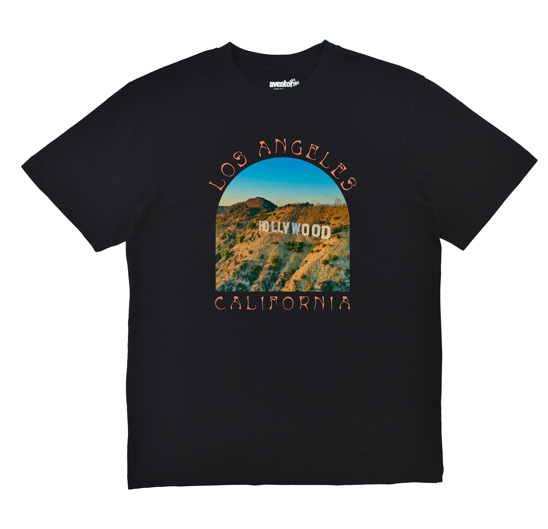 Black t-shirt with 'Los Angeles California' and Hollywood sign graphic on a white background