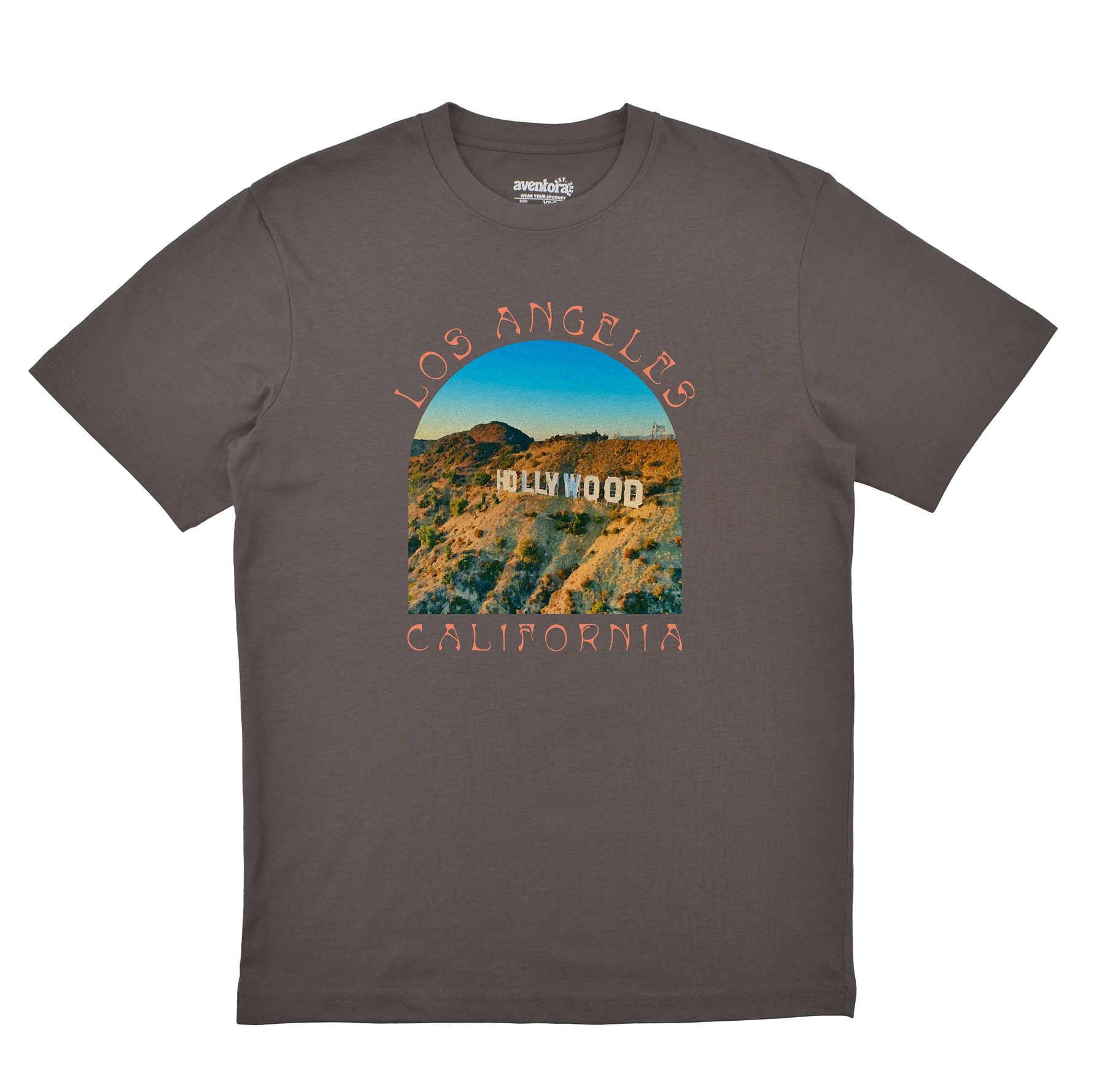 Gray t-shirt with a Hollywood Hills graphic and text on a white background