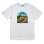 White t-shirt with 'Los Angeles, California' and Hollywood sign graphic on a white background
