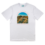 White t-shirt with 'Los Angeles, California' and Hollywood sign graphic on a white background