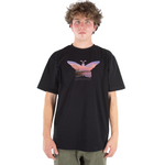 Person wearing a black t-shirt with a colorful butterfly design on a white background
