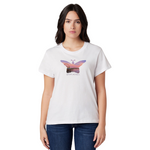 Woman wearing a white t-shirt with a butterfly graphic on a white background