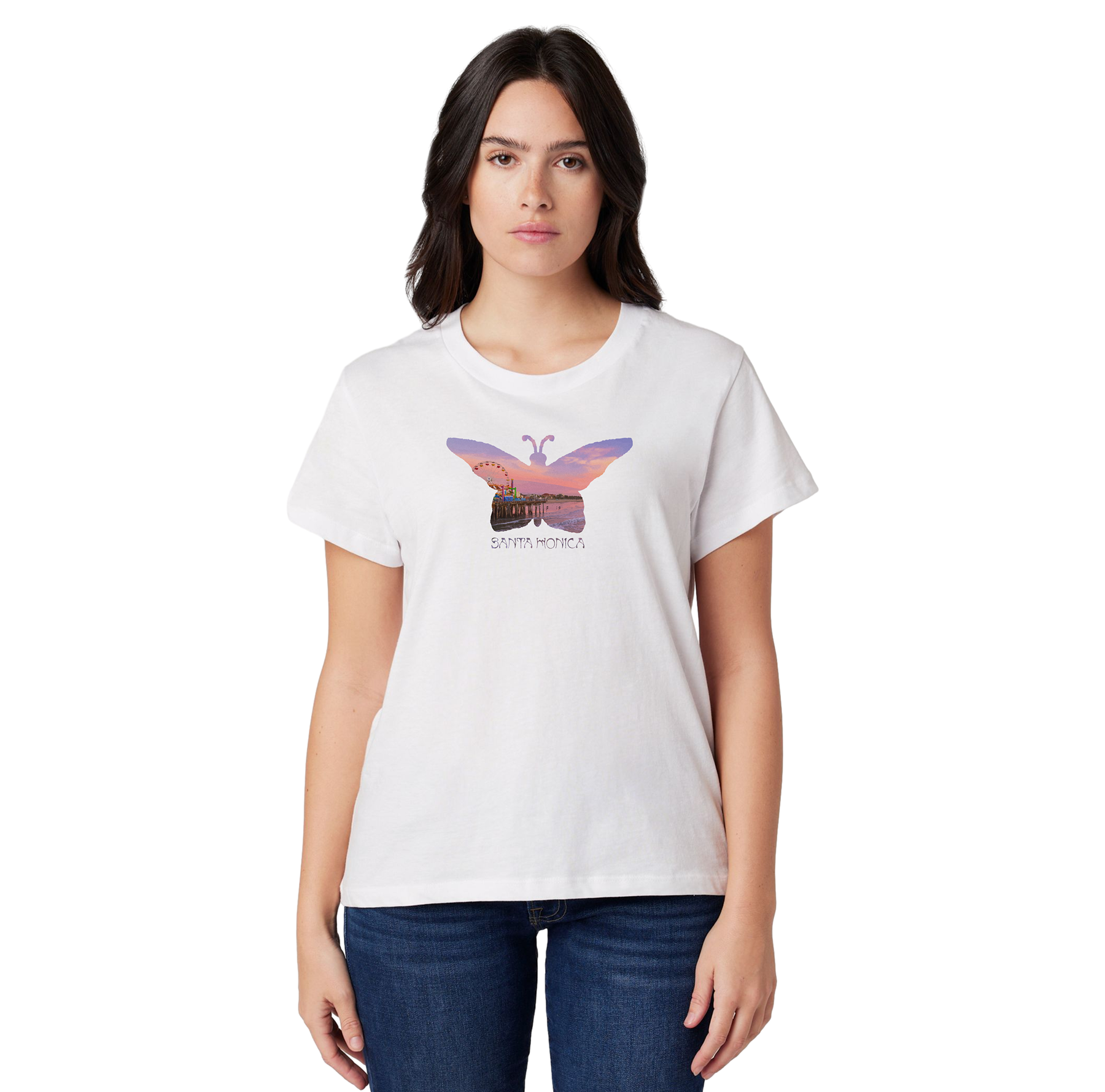 Woman wearing a white t-shirt with a butterfly graphic on a white background