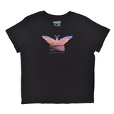 Black t-shirt with a colorful butterfly design on a white background