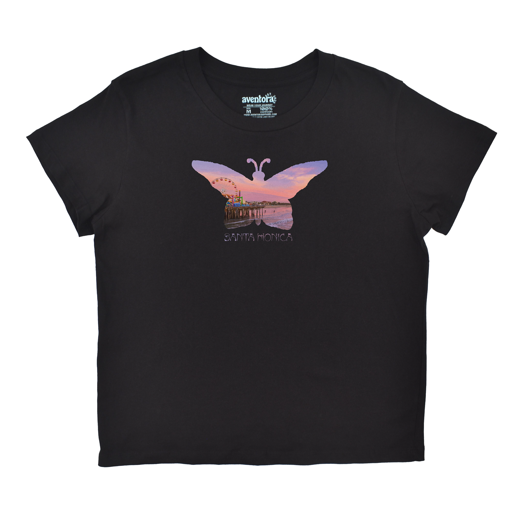 Black t-shirt with a colorful butterfly design on a white background
