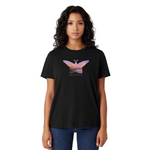 Person wearing a black t-shirt with a butterfly design on a white background