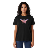 Person wearing a black t-shirt with a butterfly design on a white background