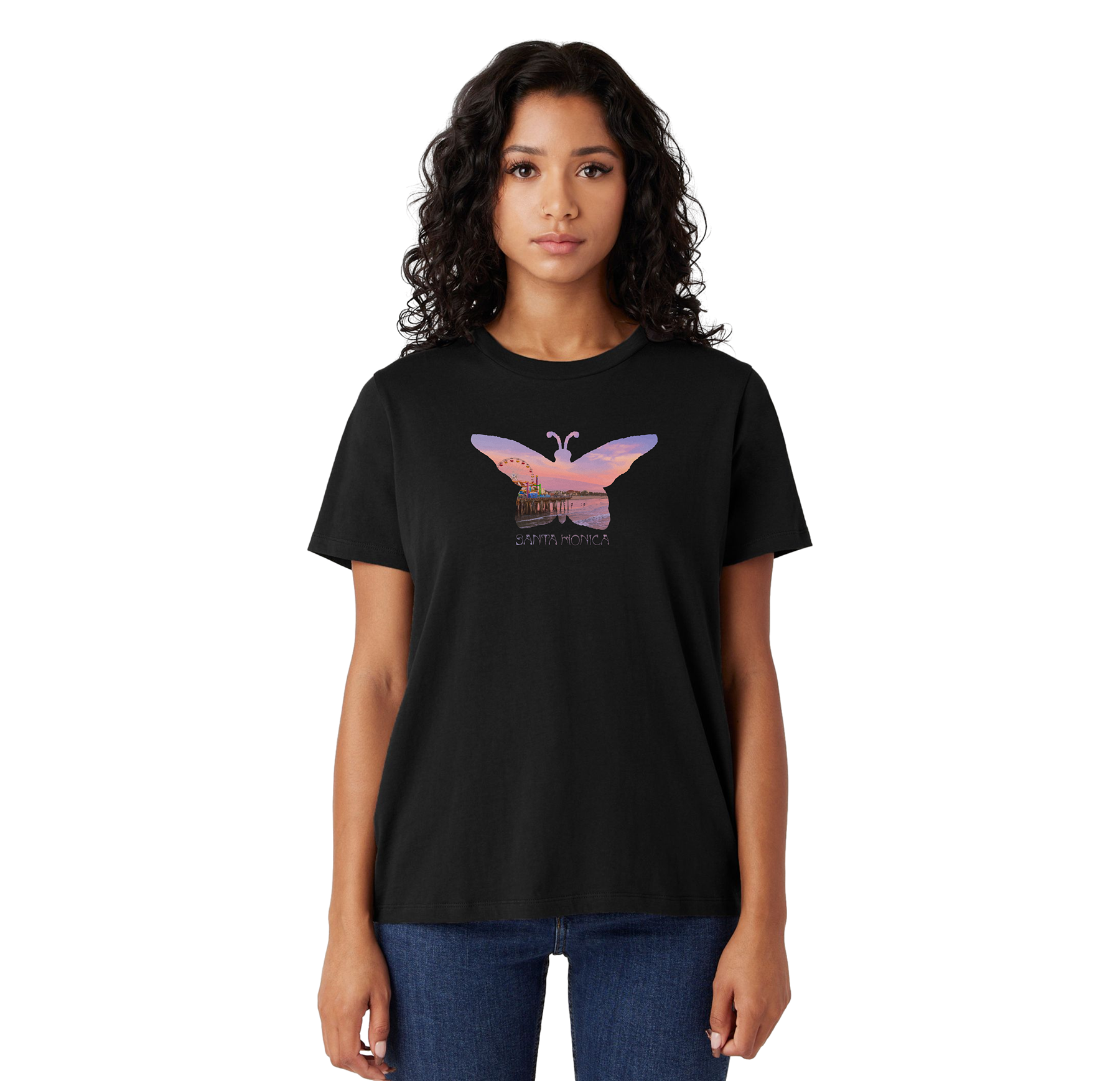 Person wearing a black t-shirt with a butterfly design on a white background