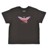 Black t-shirt with a butterfly design and 'Santa Monica' text on a white background