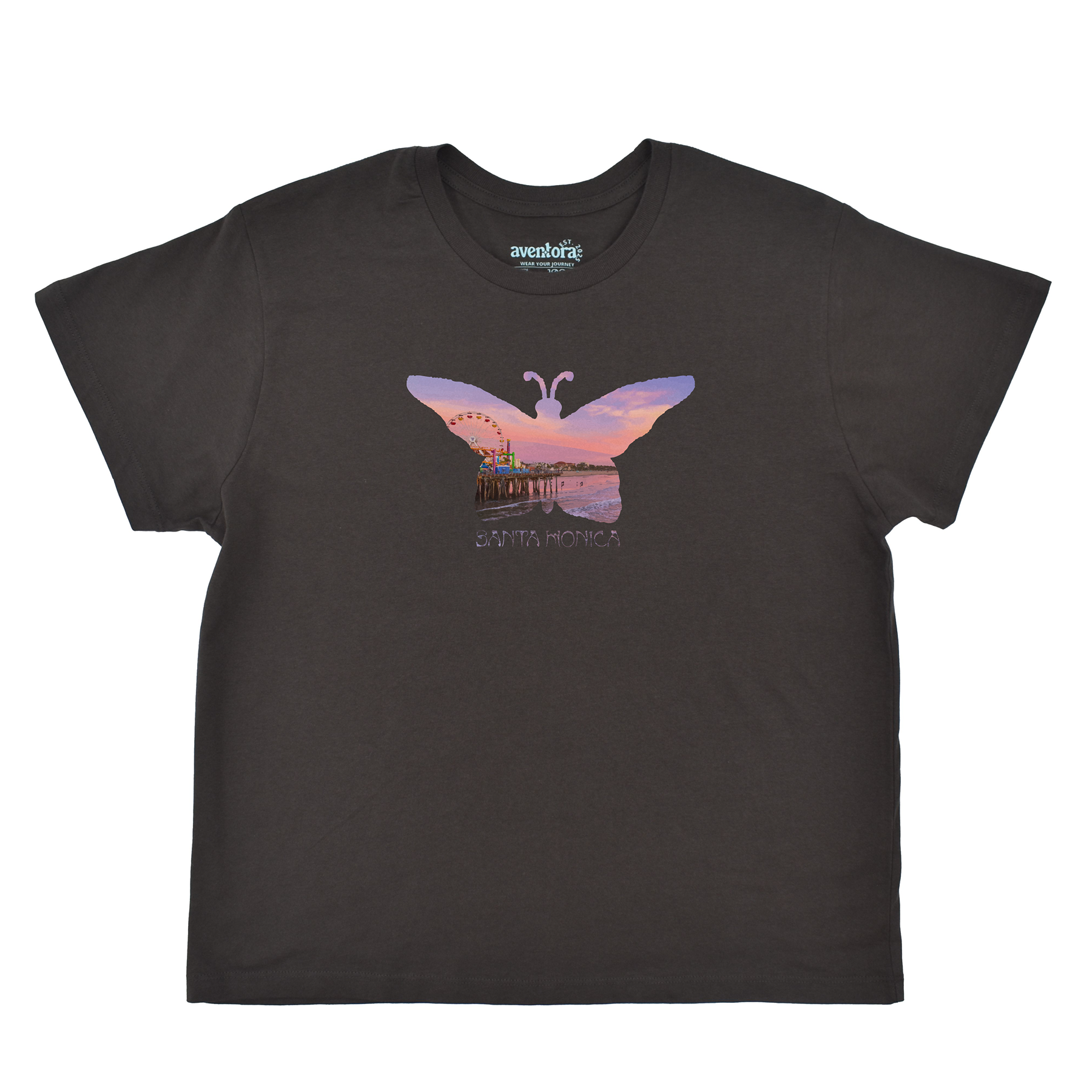 Black t-shirt with a butterfly design and 'Santa Monica' text on a white background