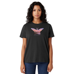 Woman wearing a black t-shirt with a butterfly graphic on a white background