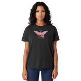 Woman wearing a black t-shirt with a butterfly graphic on a white background