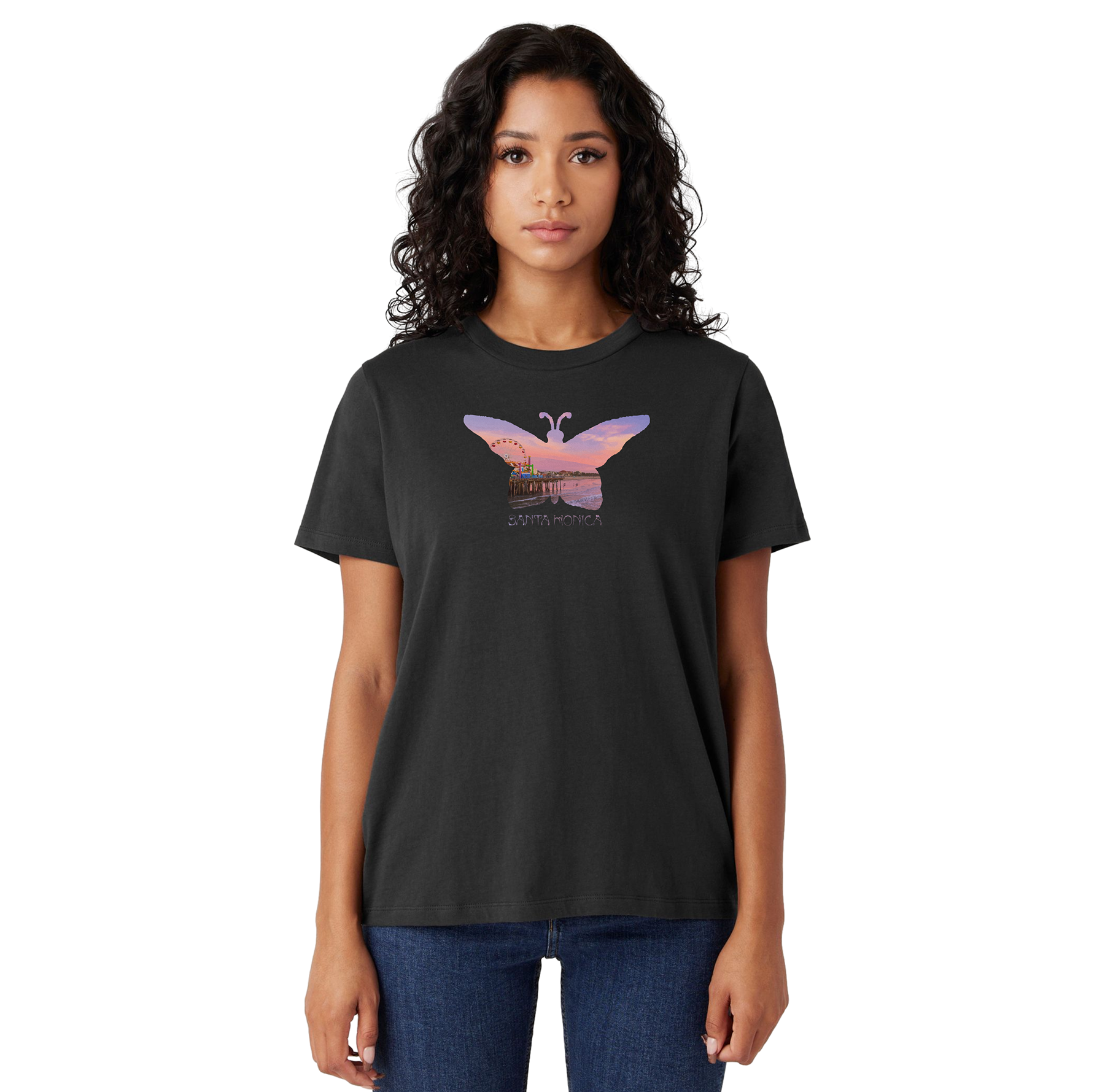 Woman wearing a black t-shirt with a butterfly graphic on a white background