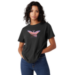 Woman wearing a black t-shirt with a butterfly graphic on a white background