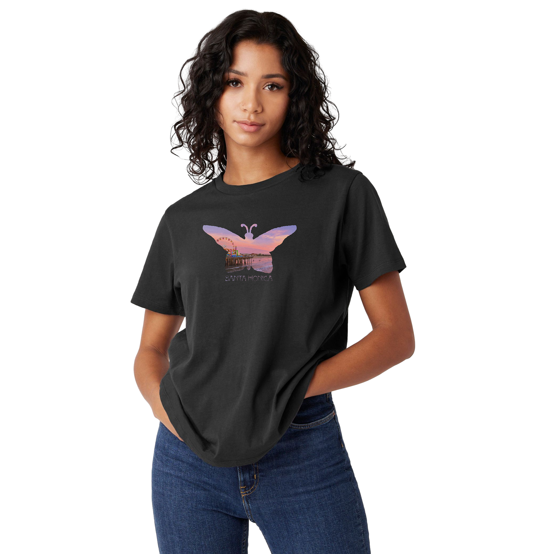 Woman wearing a black t-shirt with a butterfly graphic on a white background