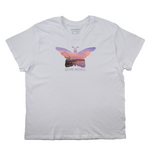 White t-shirt with a colorful butterfly design and 'Santa Monica' text on a white background