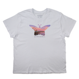 White t-shirt with a colorful butterfly design and 'Santa Monica' text on a white background