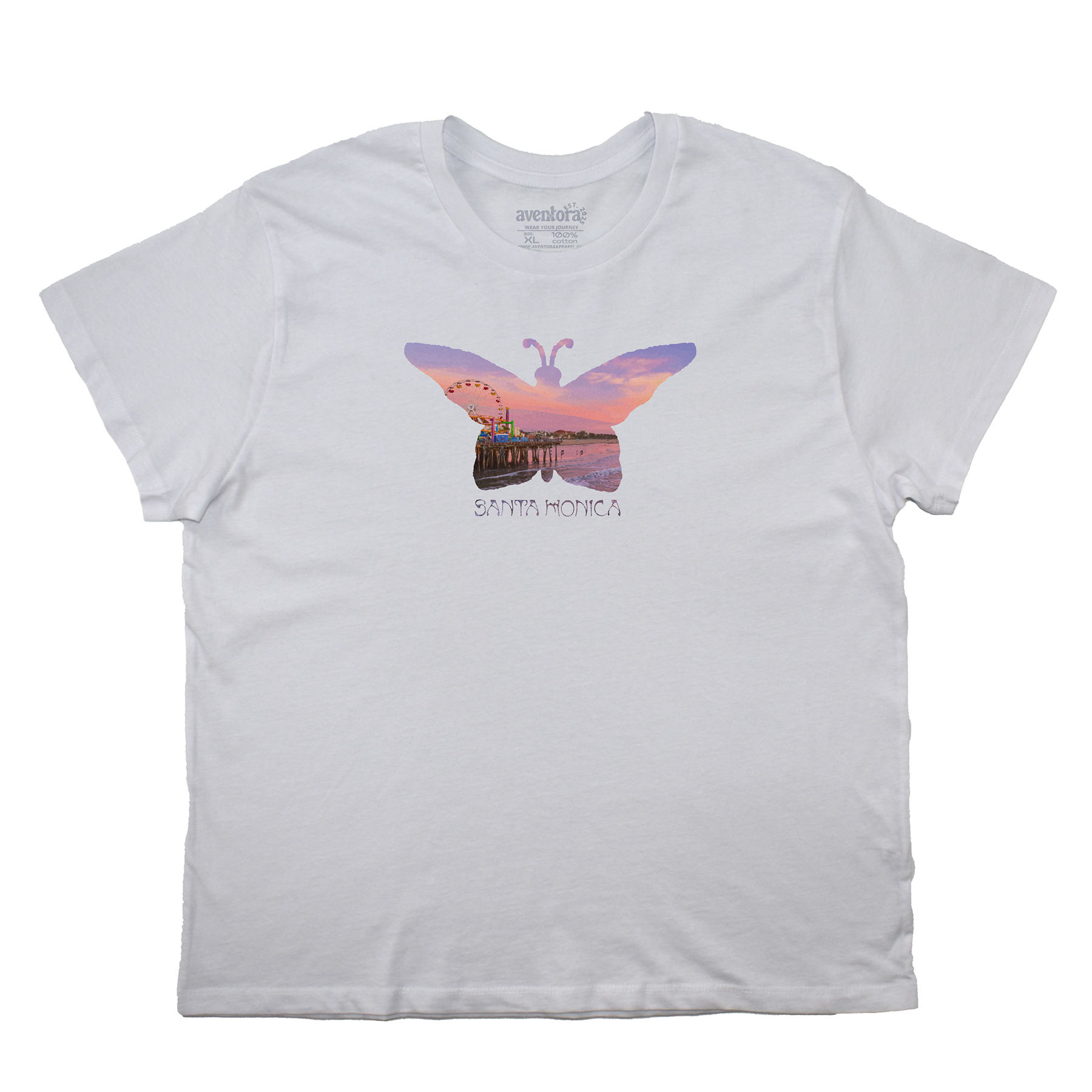 White t-shirt with a colorful butterfly design and 'Santa Monica' text on a white background