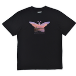Black t-shirt with a colorful butterfly design on a white background