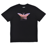 Black t-shirt with a colorful butterfly design on a white background