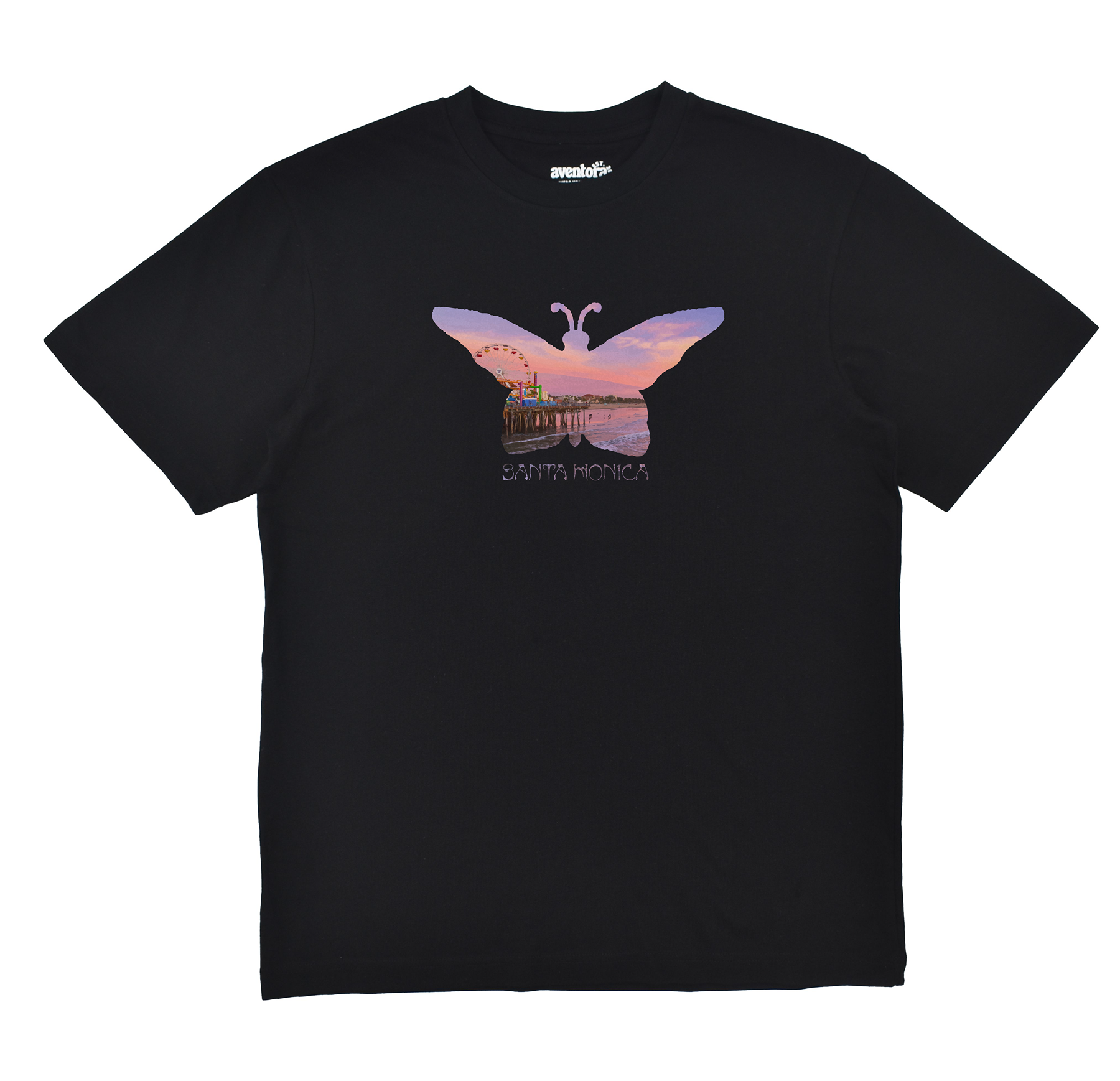 Black t-shirt with a colorful butterfly design on a white background