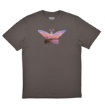 Gray t-shirt with a butterfly design featuring a cityscape on a white background