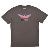 Gray t-shirt with a butterfly design featuring a cityscape on a white background