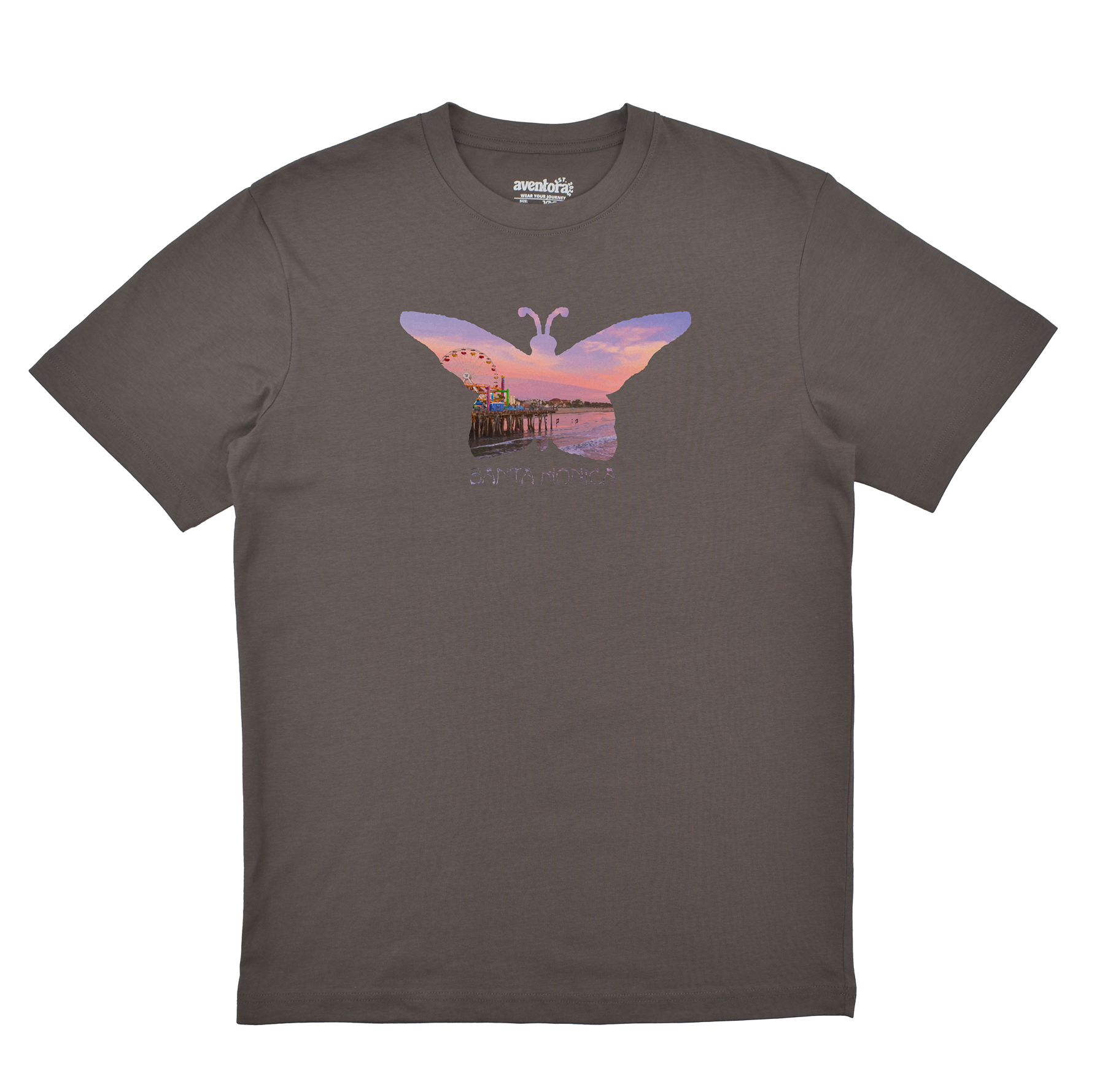 Gray t-shirt with a butterfly design featuring a cityscape on a white background