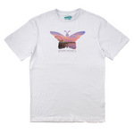 White t-shirt with a colorful butterfly graphic and 'Santa Monica' text on a white background