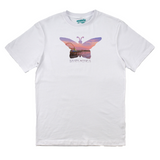 White t-shirt with a colorful butterfly graphic and 'Santa Monica' text on a white background