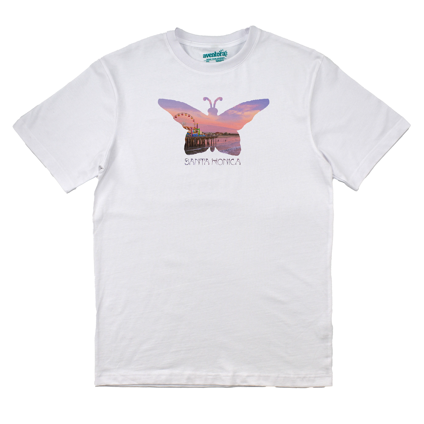 White t-shirt with a colorful butterfly graphic and 'Santa Monica' text on a white background